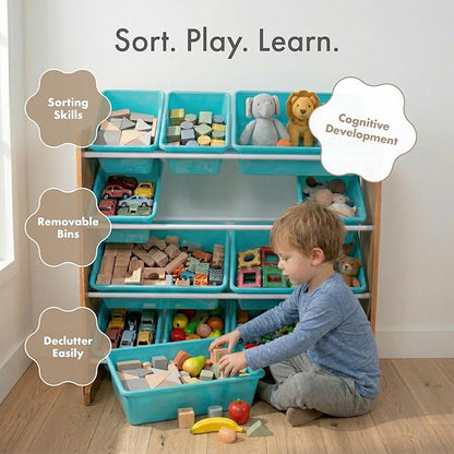 Humble Crew Toy Storage Organizer with 12 Removable Storage Bins for Kids Playroom, 4-Tier Toddler Toy Organization and Storage, Natural Wood/Aqua