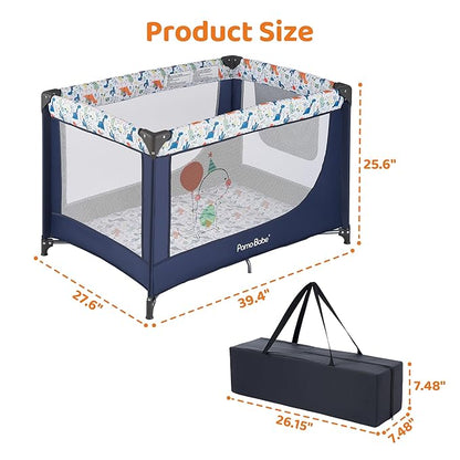 Pamo Babe Compact Pack and Play - Portable Crib for Baby, Lightweight Foldable Travel Playard with Mattress Pad & Carry Bag, Safe Breathable Travel Bed for Home, Trips & Family Visits, Cute Pattern