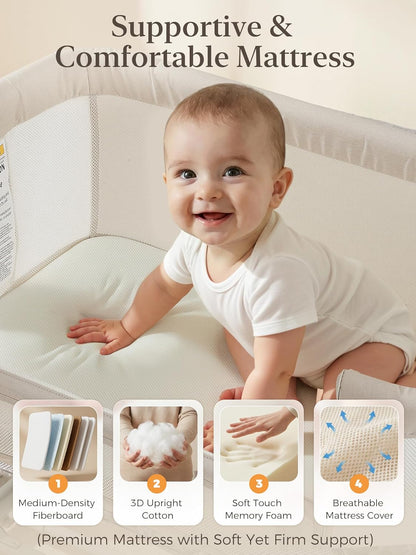 ONTHEWEI Baby Bassinet Bedside Sleeper 3-in-1, Easy Night Feeding with One-Side Fold & Rolling Wheels, Breathable Mesh, 6-Height Adjustable, Soft Mattress for Newborns