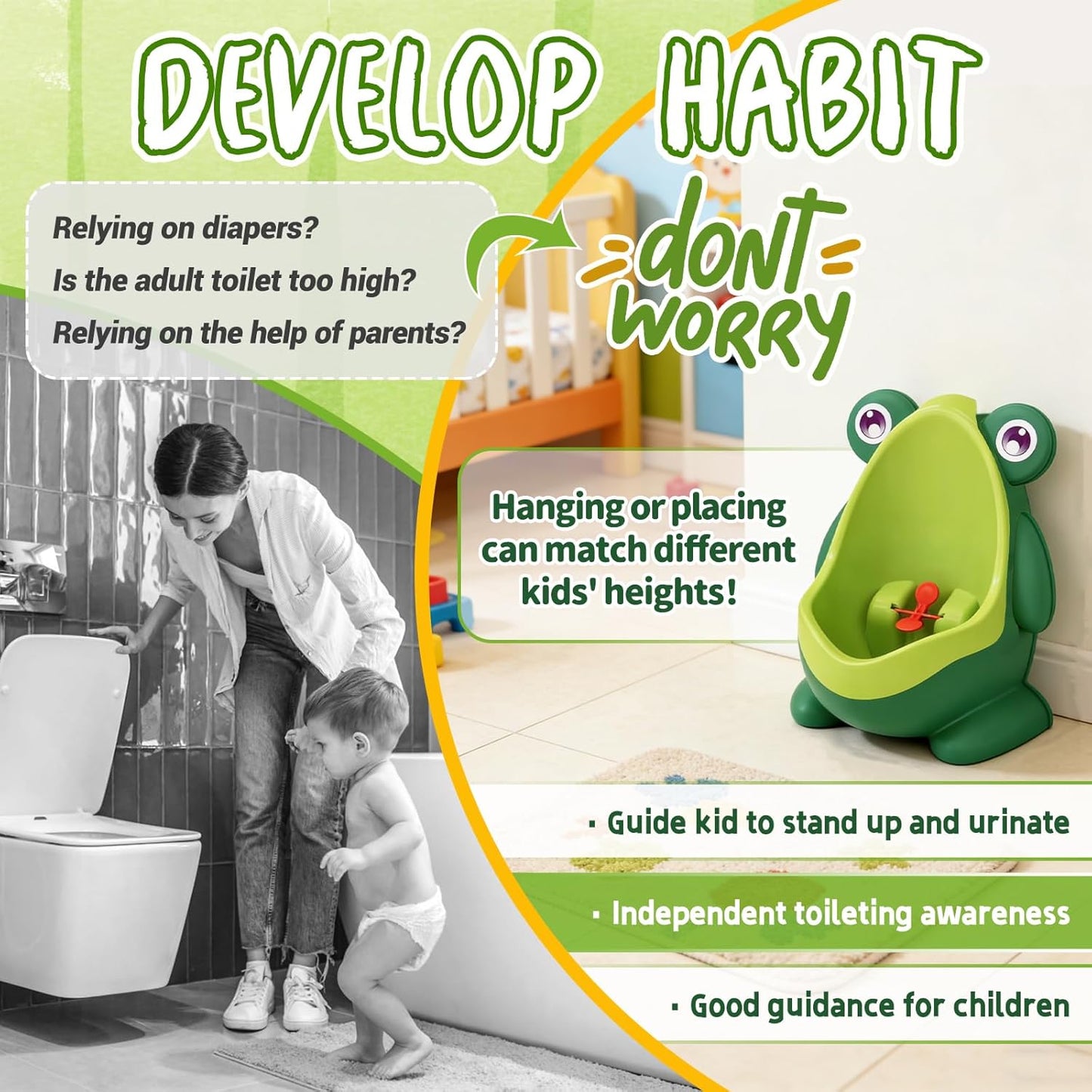 Frog Pee Training,Cute Potty Training Urinal for Boys with Funny Aiming Target,Green Urinals for Toddler Boy