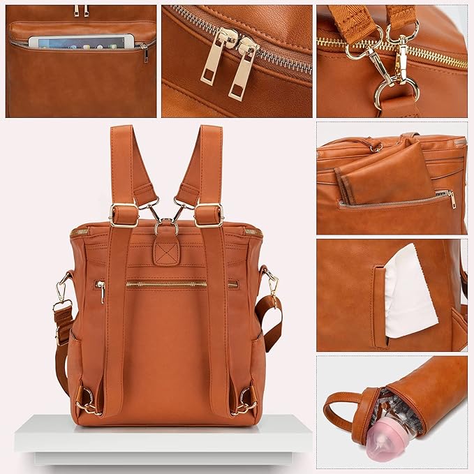Minsong Diaper Bag Backpack,Fashion Leather Mommy Backpacks,Travel Toddler Baby Diaper Bags with in Bag Organizer and Changing Pad (Brown)
