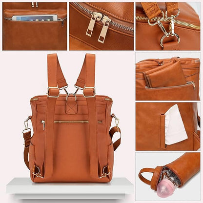 Minsong Diaper Bag Backpack,Fashion Leather Mommy Backpacks,Travel Toddler Baby Diaper Bags with in Bag Organizer and Changing Pad (Brown)