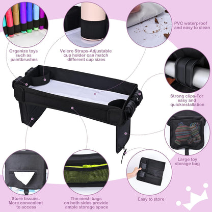 Babenest Stroller Snack Tray for Wonderfold Wagon W2, Foldable Thickened Snack Tray with Cup Holder, Storage Mesh Bag & Pen Slot, Easy to Clean Snack Board for Drawing