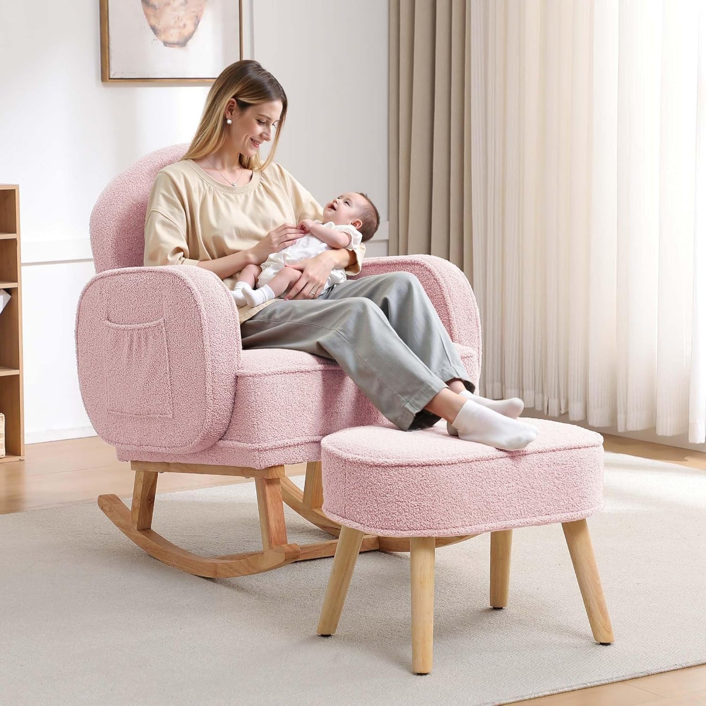 HCHAIRH Nursery Rocking Chair with Ottoman, Upholstered Glider Rocker with High Backrest Side Pocket, Rocking Accent Armchair with Solid Wood Legs for Nursery, Living Room, Bedroom, Light Grey
