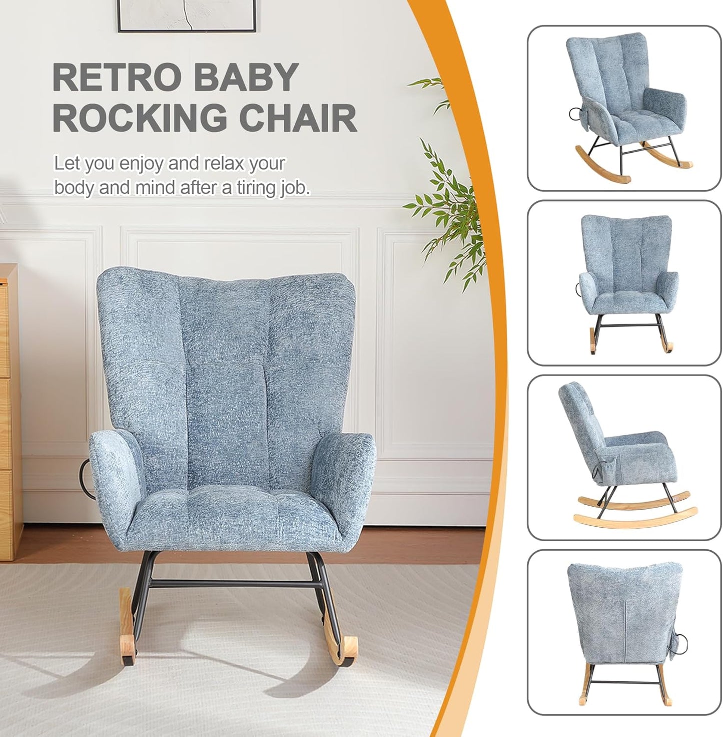 Rocking Chair Nursery with Airbag, Comfy Modern Nursery Rocking Reading Chair indoor with Footrest, Cozy Upholstered Glider Rocker Chairs for Living Room Bedroom Offices(Chenille, Dark Grey)