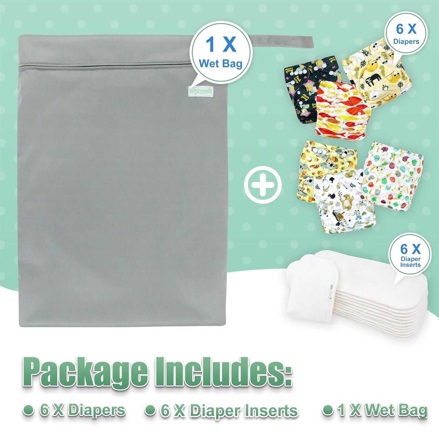 wegreeco Cloth Diapers 6 Pack with 6 Inserts & 1 Wet Bag, Washable Cloth Diapers for Babies, One Size Adjustable Reusable (Flower)