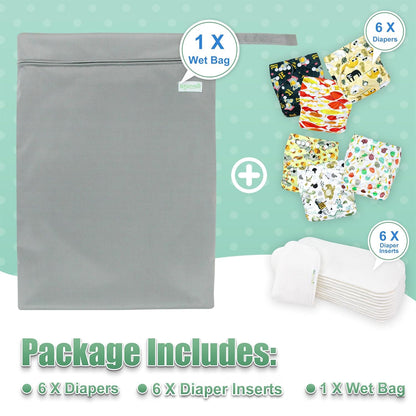 wegreeco Cloth Diapers 6 Pack with 6 Inserts & 1 Wet Bag, Washable Cloth Diapers for Babies, One Size Adjustable Reusable (Flower)