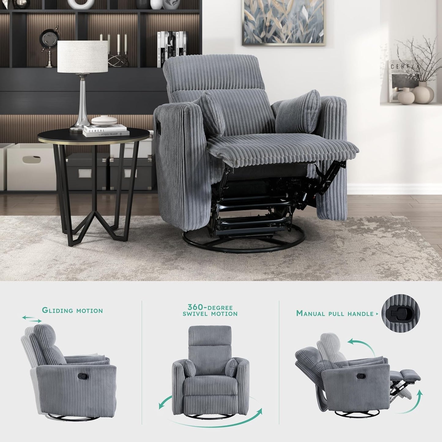 Lexicon Modern Swivel Glider Recliner Chair, Nursery Glider, Corduroy Fabric Upholstery Recliner with 2 Lumbar Pillows, Manual Reclining Sofa Chair for Living Room/Office/Apartment, Beige