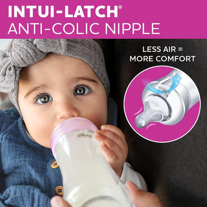 Chicco Duo 9oz Hybrid Baby Bottle, Real Glass Inside, Lightweight Plastic Outside, Patented Invinci-Glass Technology, Intui-Latch Nipple, 2-Pack, Clear/Pink