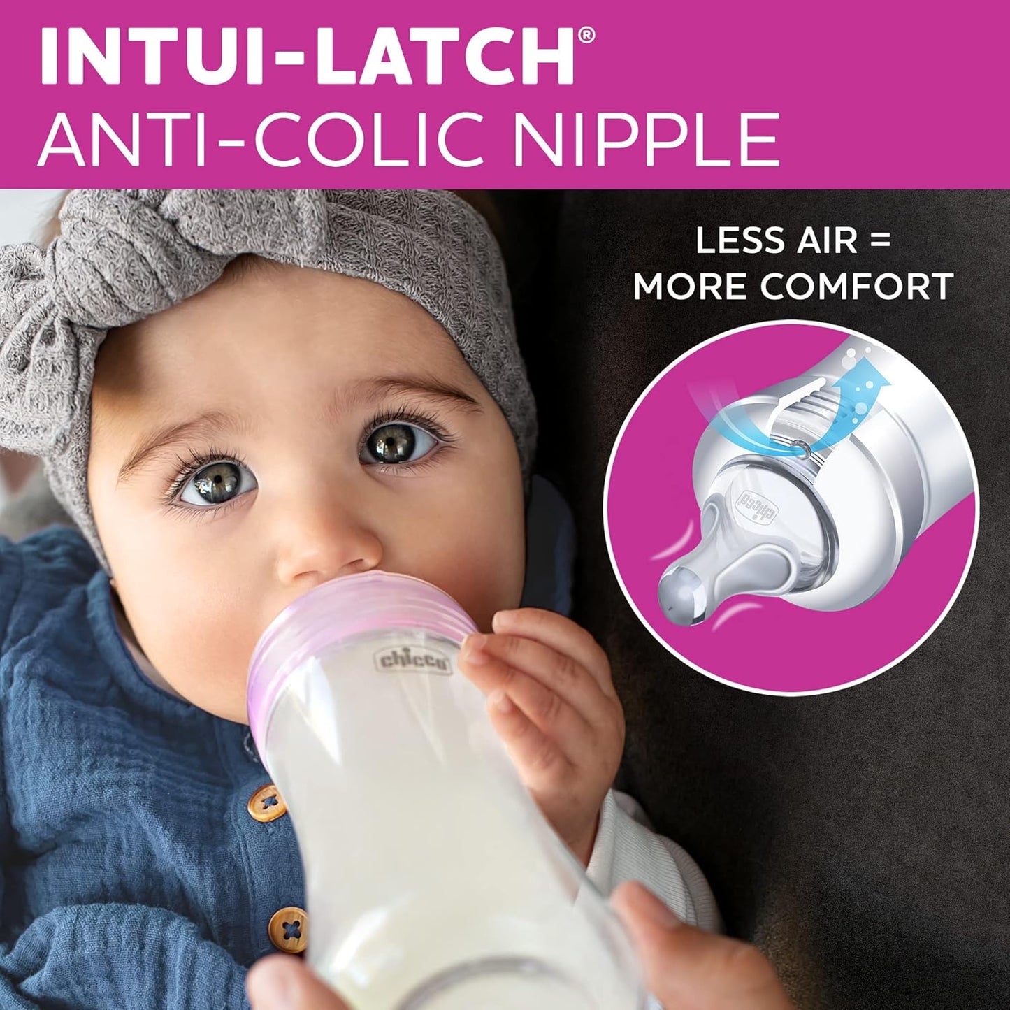 Chicco Duo Glass-Lined Baby Bottle Intui-Latch Nipple with Anti-Colic Valve, Stage 2 Medium Flow for Babies 3+ Months, 100% Silicone with Skin-Like Texture, Breast-Like Shape & Flow, 2-Pack