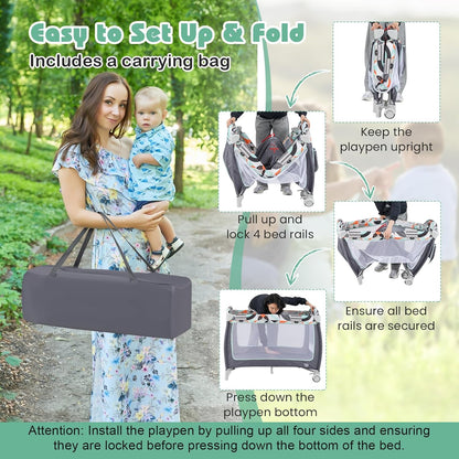 BABY JOY 4 in 1 Pack and Play, Portable Baby Playard with Bassinet, Side Zipper Door, Changing Table, Indoor Outdoor Travel Nursery Center w/Hanging Bar, Lockable Wheels, Carry Bag