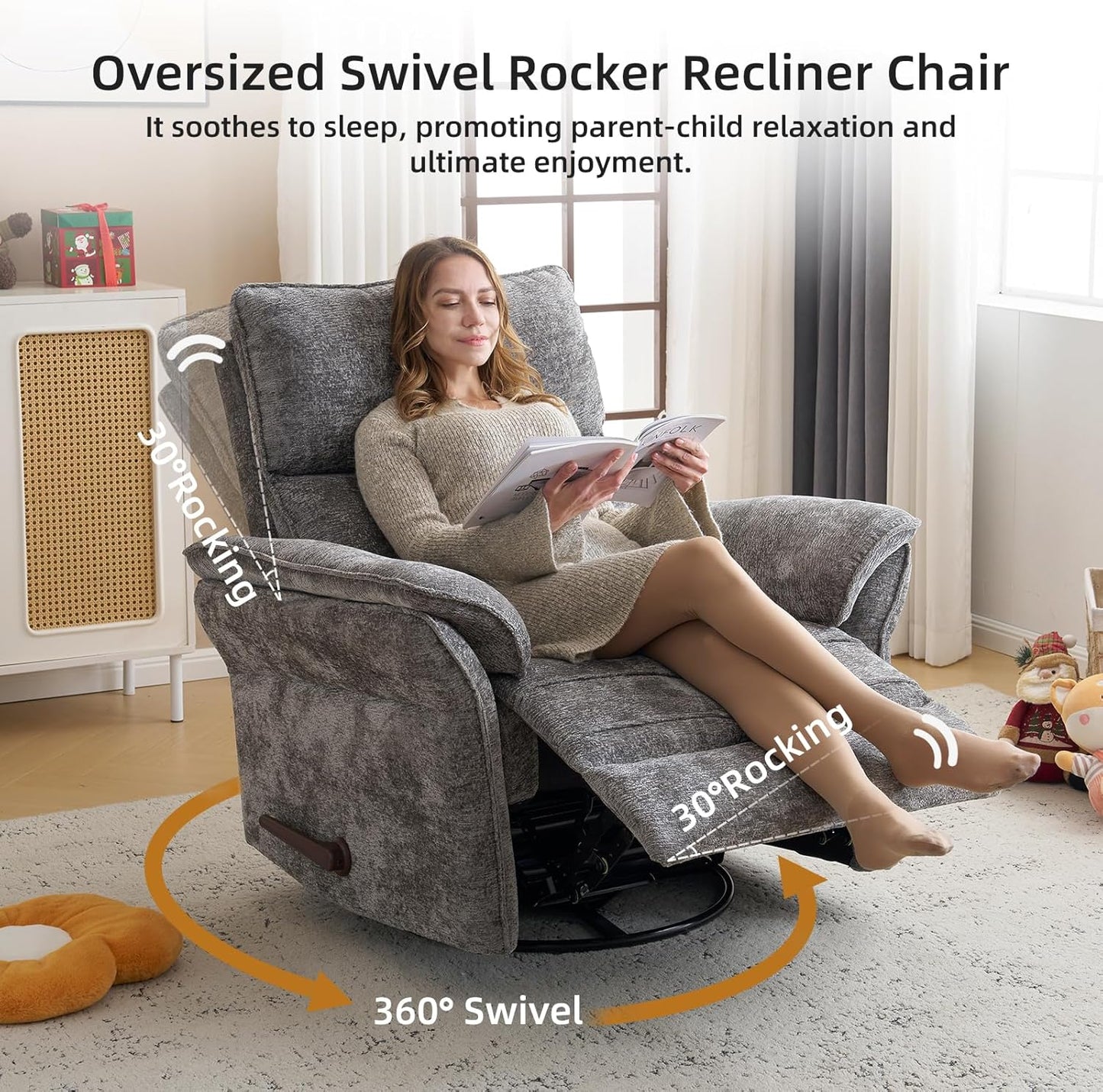 Oversized Glider Rocker Recliner, 26" Extra Wide 360° Swivel Nursery Recliner with Adjustable Headrest, Chenille Rocking Nursery Chair with Overstuffed Armrest, Lumbar Support, Light Grey