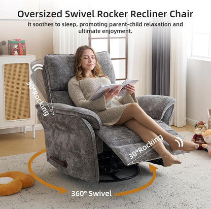 Oversized Glider Rocker Recliner, 26" Extra Wide 360° Swivel Nursery Recliner with Adjustable Headrest, Chenille Rocking Nursery Chair with Overstuffed Armrest, Lumbar Support, Light Grey