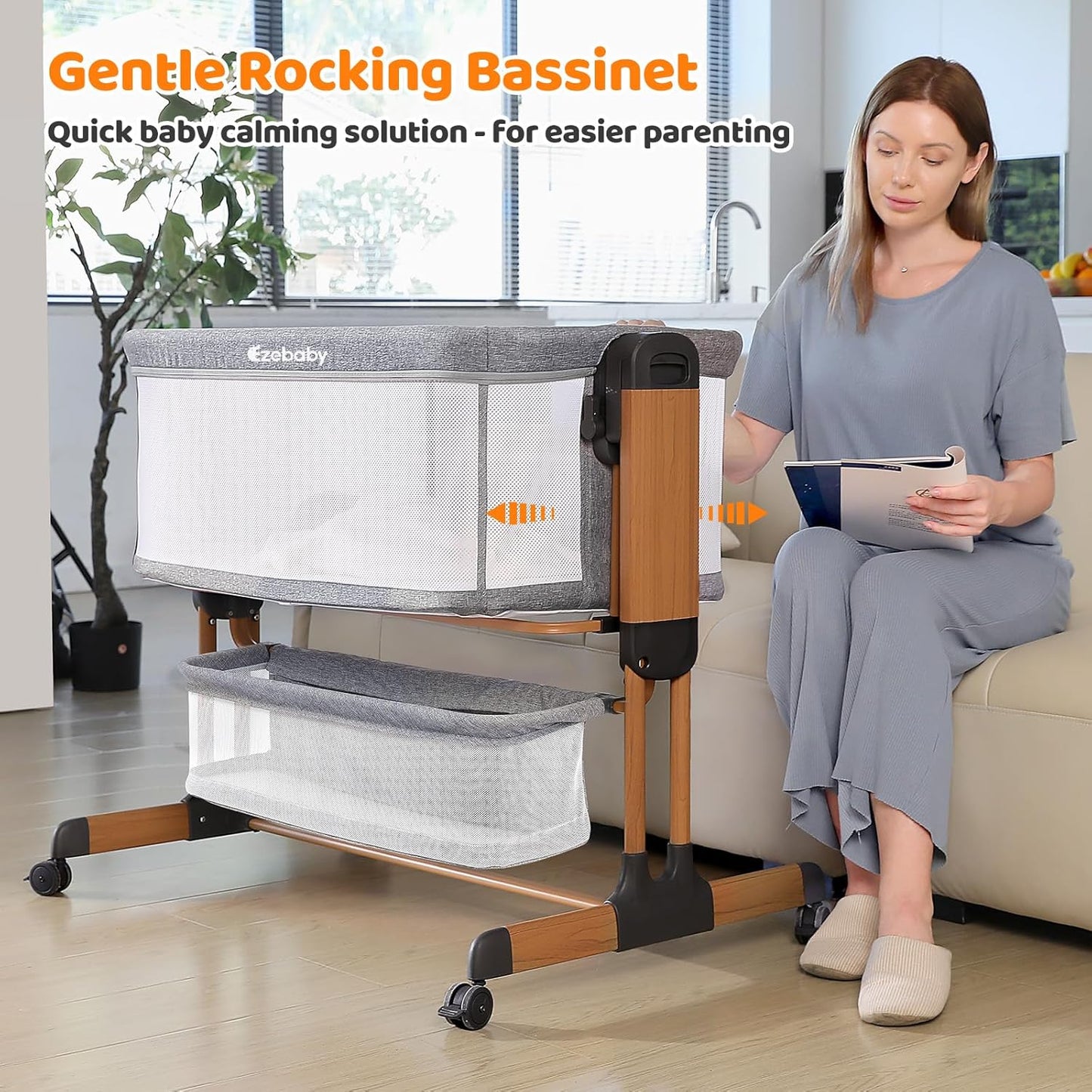 Ezebaby 3-in-1 Baby Bassinet, Rocking Baby Bassinets Bedside Sleeper, Adjustable Portable Crib for Newborn Infant with Wheels Storage Basket and Mesh Sides