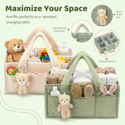 Shinylin 2 Pack Diaper Caddy Organizer Baby Caddy Organizer with Handle Nursery Storage Bin and Car Storage Basket for Diapers, Wipes, Newborn Necessities Baby Shower Gifts(Lily Green and Ivory)
