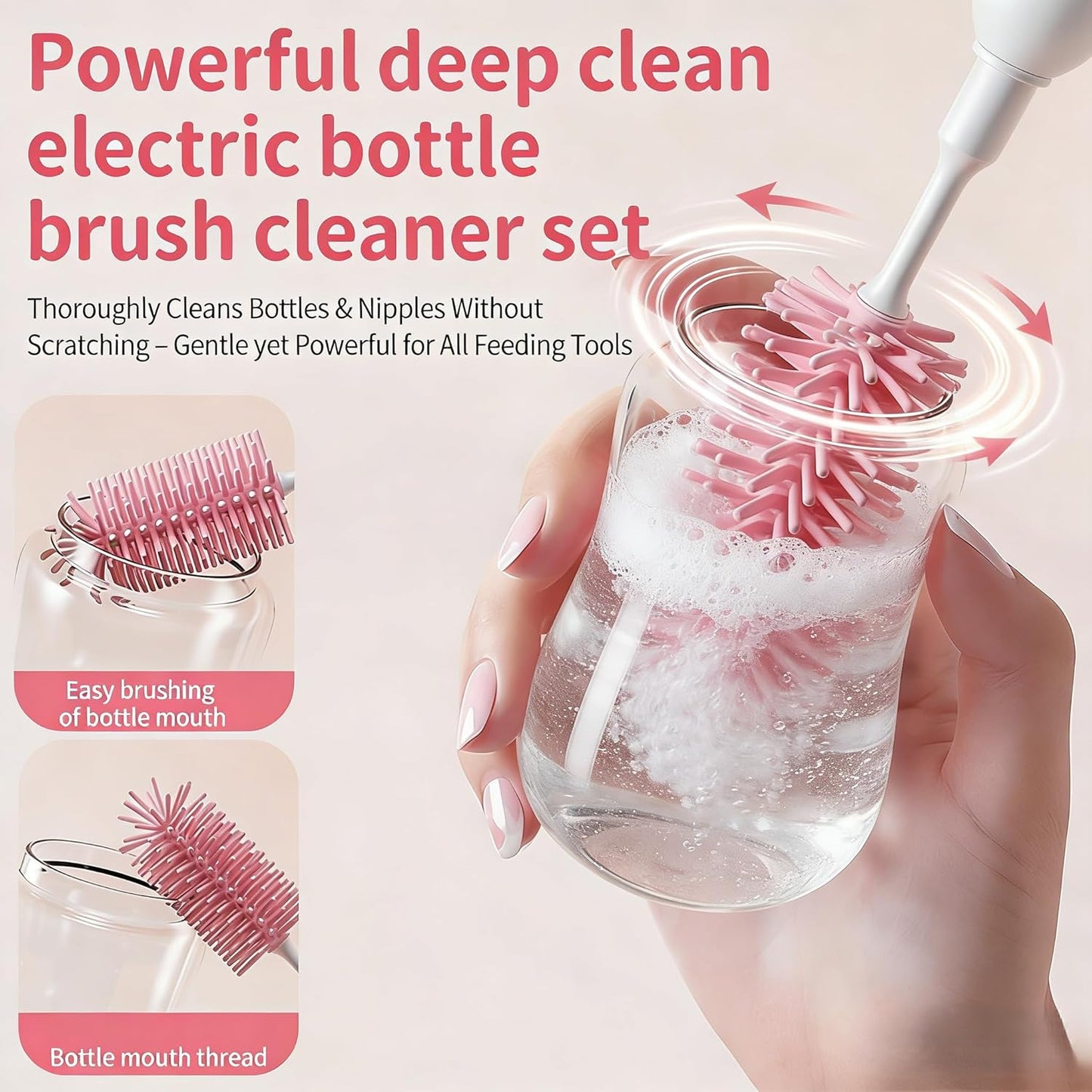 Portable Electric Silicone Bottle Brush Set, 7-in-1 UV LIGHT USB Charging, Nipple/Straw Cleaner, Milk Mixer, Built-in Drying Rack & Storage Case, BPA-Free, IPX7, On-the-Go for New Parents (Blush)