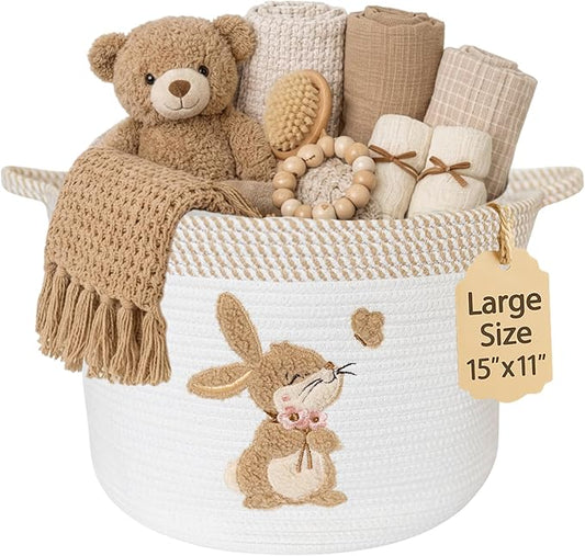 Bunny Storage Basket for Nursery – Large 15"x11" Cotton Rope Bin with Soft Embroidered Bunny Patch – Toy Organizer, Baby Laundry Hamper, Blanket & Diaper Holder – Foldable, Washable & Baby-Safe
