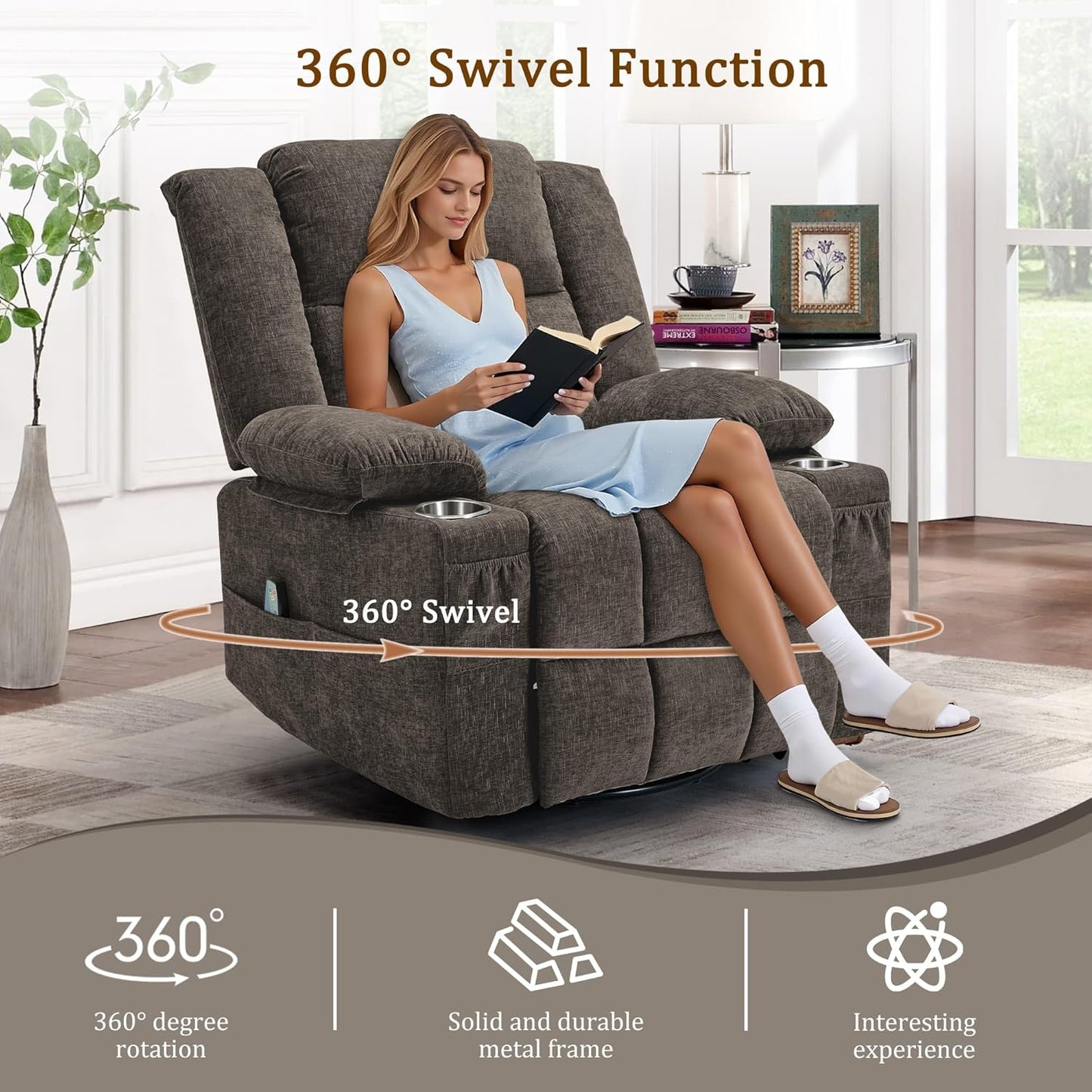 Korser 360° Swivel Rocker Recliner for Adults, Nursery Glider Recliner with Massage and Heating, Rocking Chair with Cup Holder, Manual Recliner Chair for Living Room, Bedroom (Fabric, Beige)