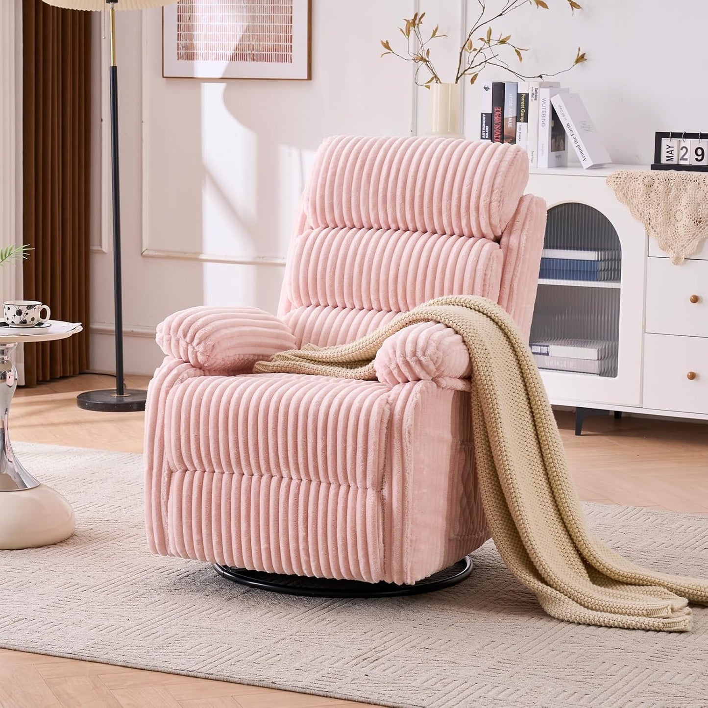 Adult 360° Rocking Recliner Chair，Nursery Rocker Reclining Chair with Side Pocket, a Comfy upholstered Single Sofa Armchair. Suitable for Living Room, Bedroom Nursing use, Velvet Fabric in Beige