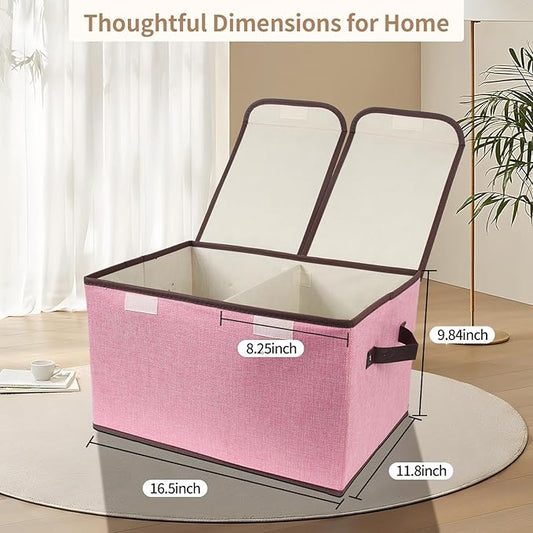 Foldable Fabric Storage Box, 16.5 x 11.8 x 9.8 inches (L x W x H), with Double-Lid & Dividers, Large Organizer for Home, Closet, Office(Pink, 3 Packs)