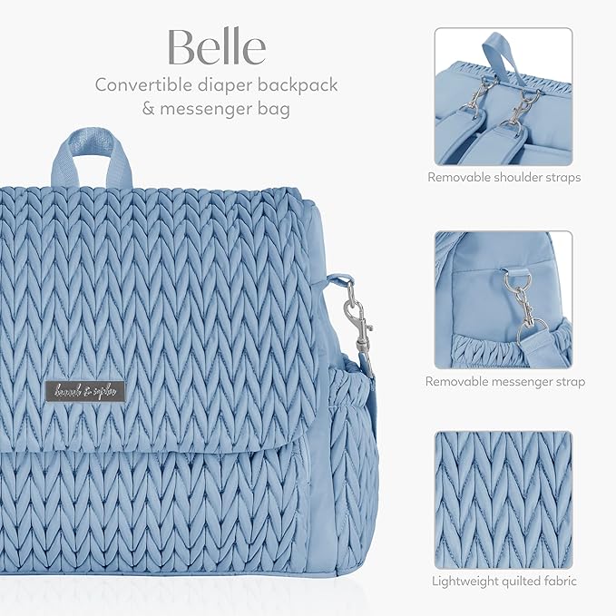 Hannah & Sophia Belle Convertible Baby Diaper Backpack & Bag in Moonmist Blue, Large Size, Dual Sided Water Resistant Changing Mat Included, Detachable Shoulder Straps, Easy To Use