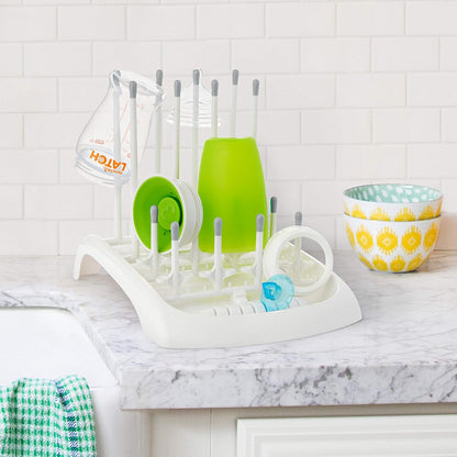 Munchkin Fold Baby Bottle Drying Rack and Bristle Bottle Brush Cleaning Essentials Set, White/Grey
