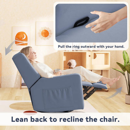 Tbfit Nursery Rocking Chair,360°Swivel Recliner Chair with Lumbar Support for Bedroom, Comfy Upholstered Armchair with Pillows & Footrest for Living Room & Baby Room