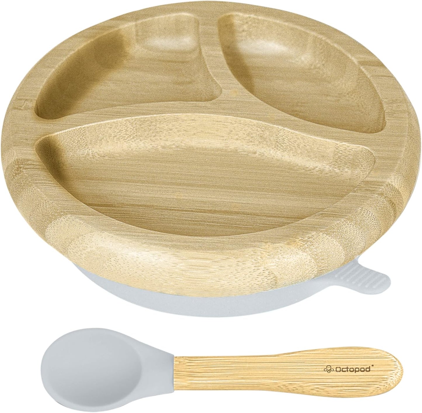 Abiie Octopod Bamboo Dish - Kids Plates for 4 months and up, 3-Compartment Baby Plates with Suction, Triangle Bamboo Baby Plate, Mess-Free Toddler Suction Plates, Baby Feeding Supplies, 8.3x1.9x7.7 in