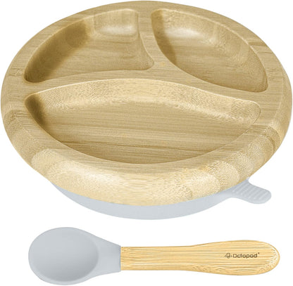 Abiie Octopod Bamboo Dish - Kids Plates for 4 months and up, 3-Compartment Baby Plates with Suction, Triangle Bamboo Baby Plate, Mess-Free Toddler Suction Plates, Baby Feeding Supplies, 8.3x1.9x7.7 in