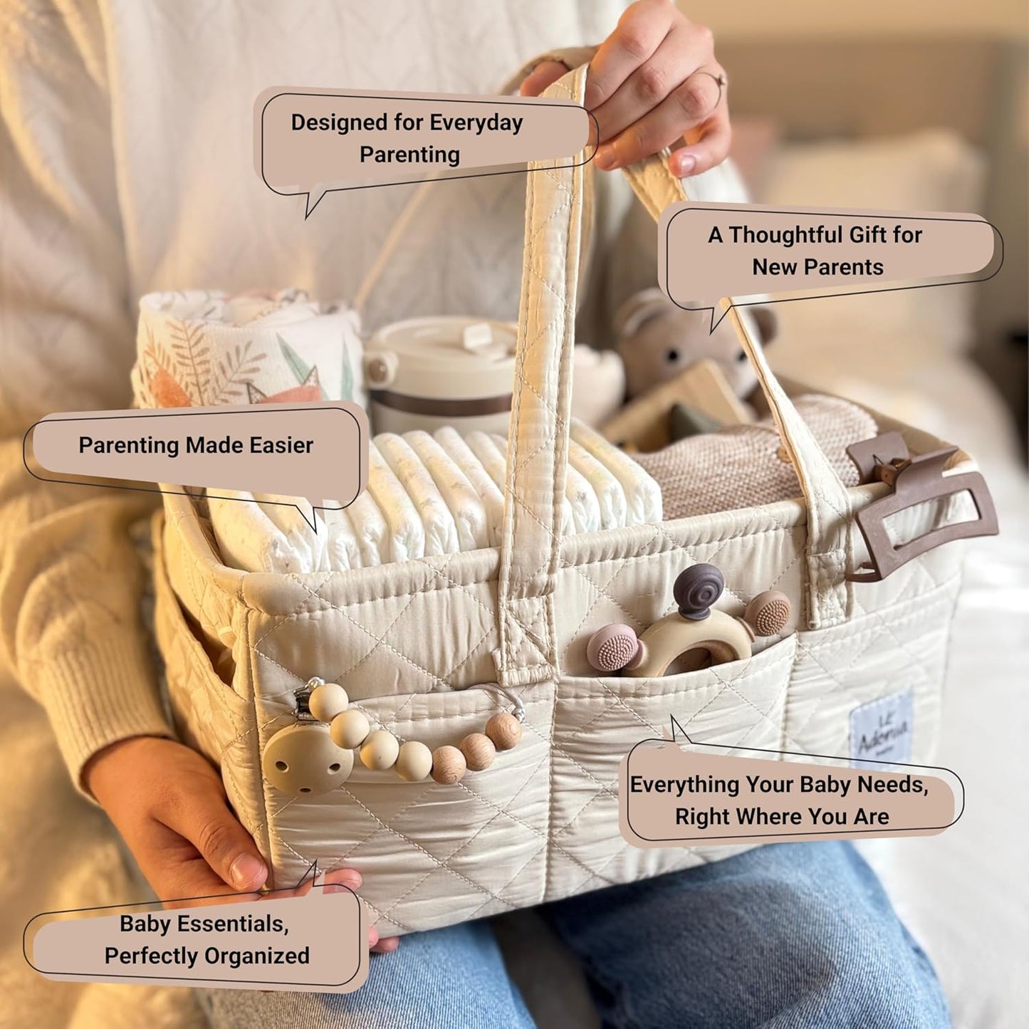 Adonia & Co Diaper Caddy Organizer – Nursery Storage Basket for Newborn Essentials Must Haves & Baby Must Haves – Portable, Machine Washable Baby Diaper Bag Organizer (Brown)