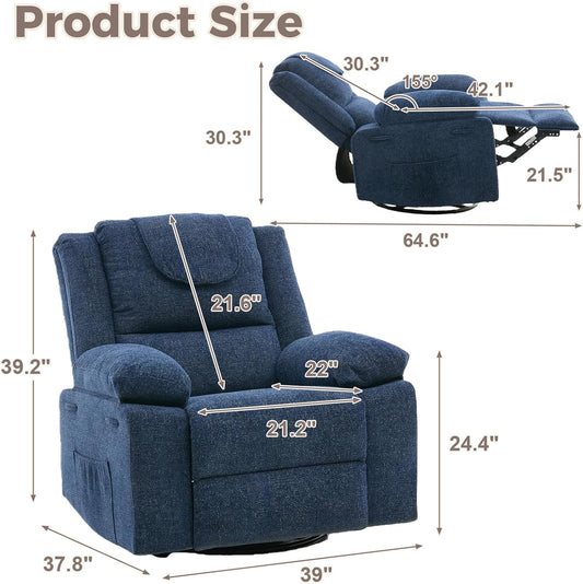 Adults Oversized Rocking Nursery Glider Recliner Chair,360° Swivel Rock Recliner Chairs Single Sofa with Vibration Massage and Heating for Living Room/Bedroom,Blue