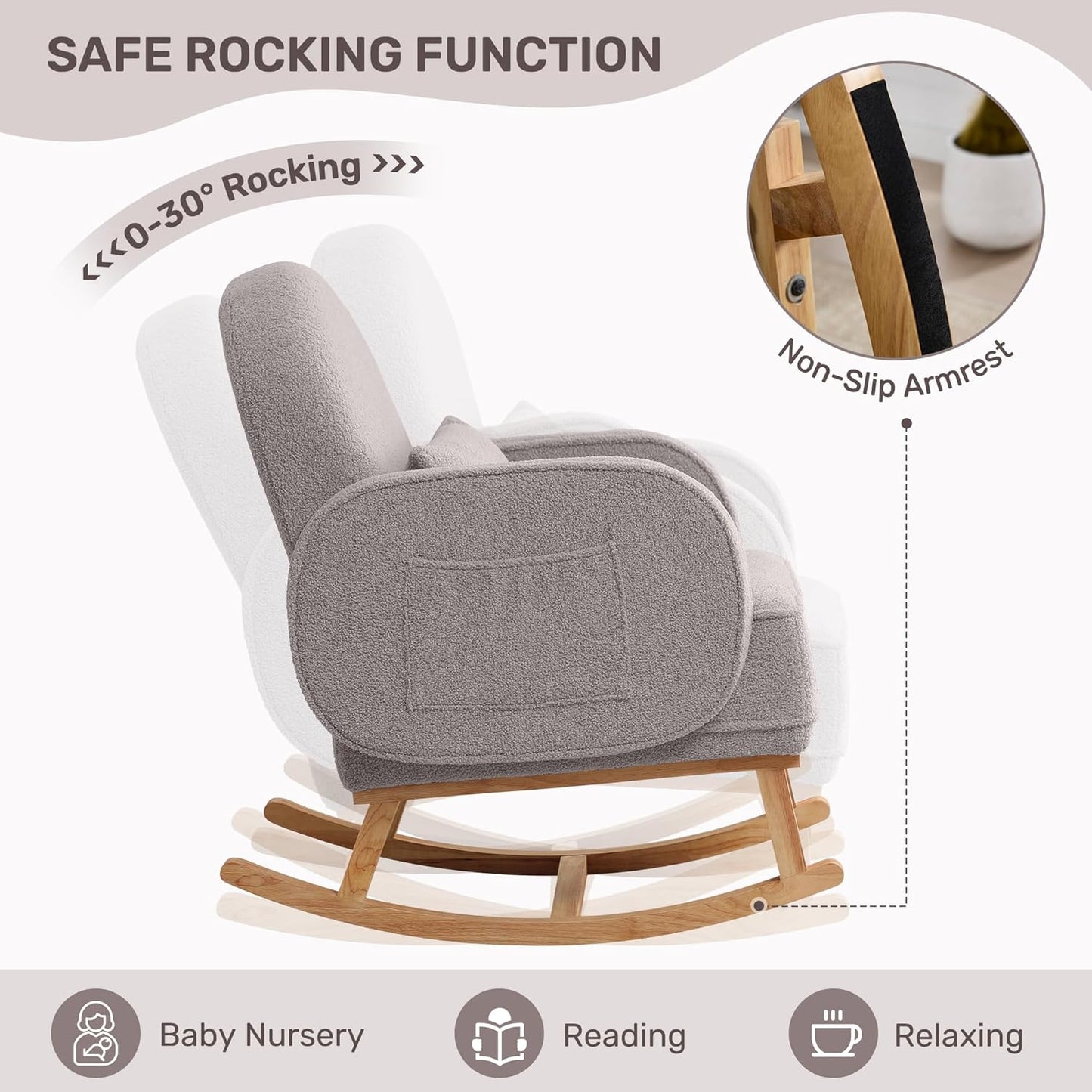HCHAIRH Nursery Rocking Chair with Ottoman, Upholstered Glider Rocker with High Backrest Side Pocket, Rocking Accent Armchair with Solid Wood Legs for Nursery, Living Room, Bedroom, Light Grey