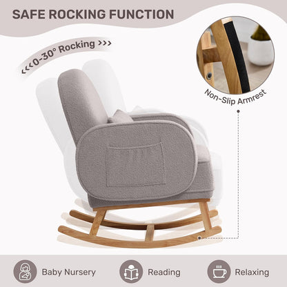 HCHAIRH Nursery Rocking Chair with Ottoman, Upholstered Glider Rocker with High Backrest Side Pocket, Rocking Accent Armchair with Solid Wood Legs for Nursery, Living Room, Bedroom, Light Grey