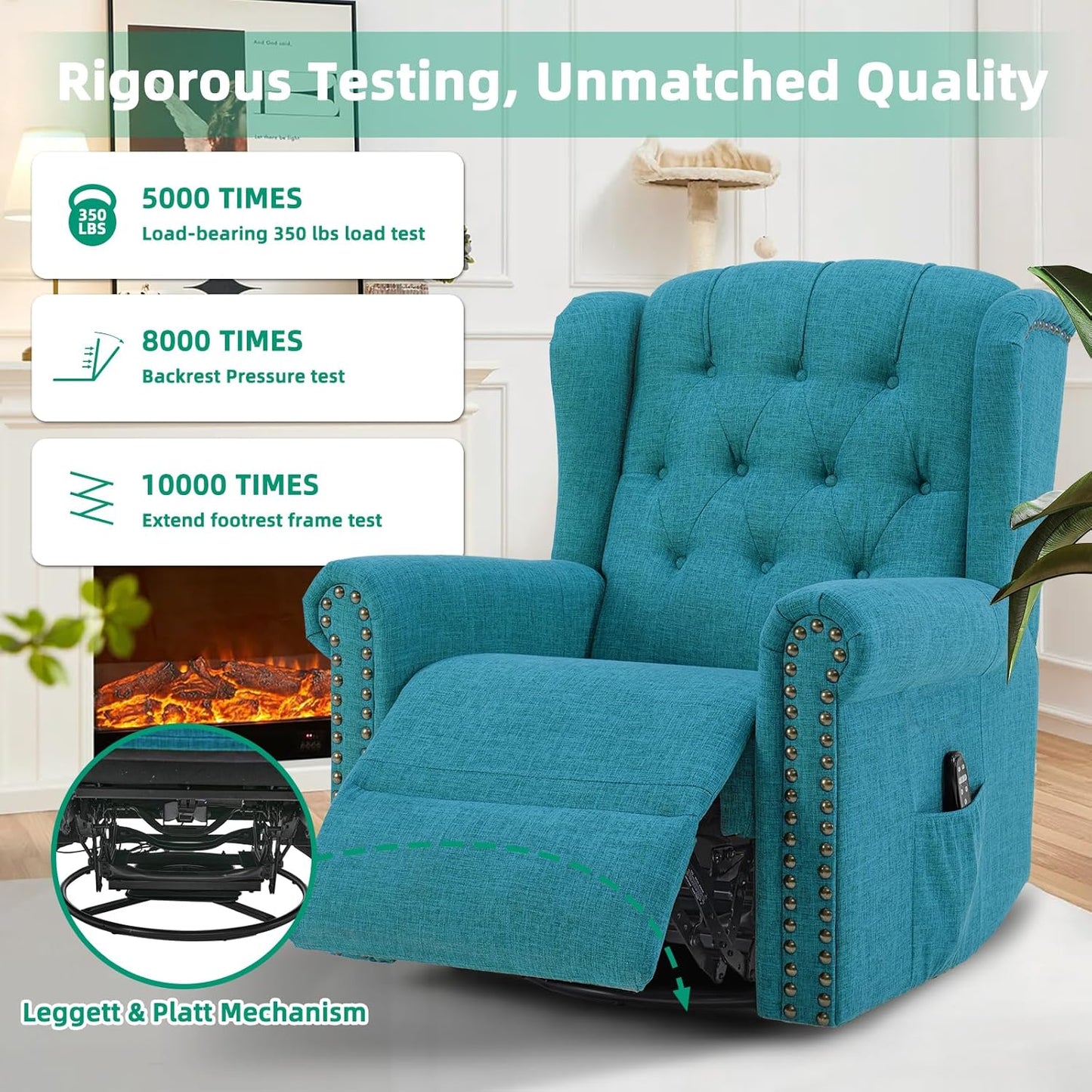 VIVIJASON Power Swivel Rocking Recliner Chair with Massage & Heat, Electric Rocker Nursery Glider Chair, Wingback Tufted Upholstered Recliner W/Type-C & USB Ports for Living Room, Bedroom, Beige