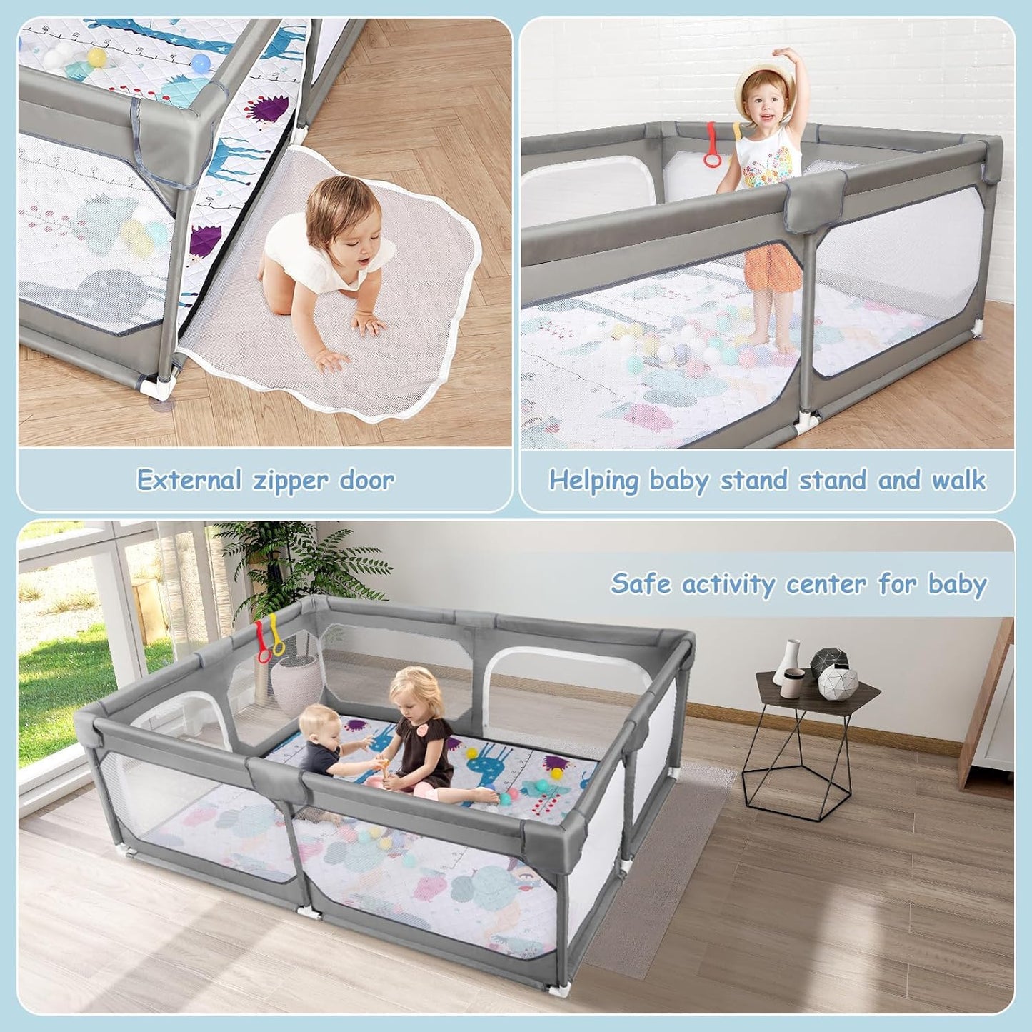 JINXIA Baby Playpen with Mat 75"*59", Large Play Pen for Babies and Toddlers with Soft Breathable Mesh, Climb-Proof Anti-Fall Baby Playpen, Sturdy Safety Play Yard for Indoor Outdoor Fun, Grey