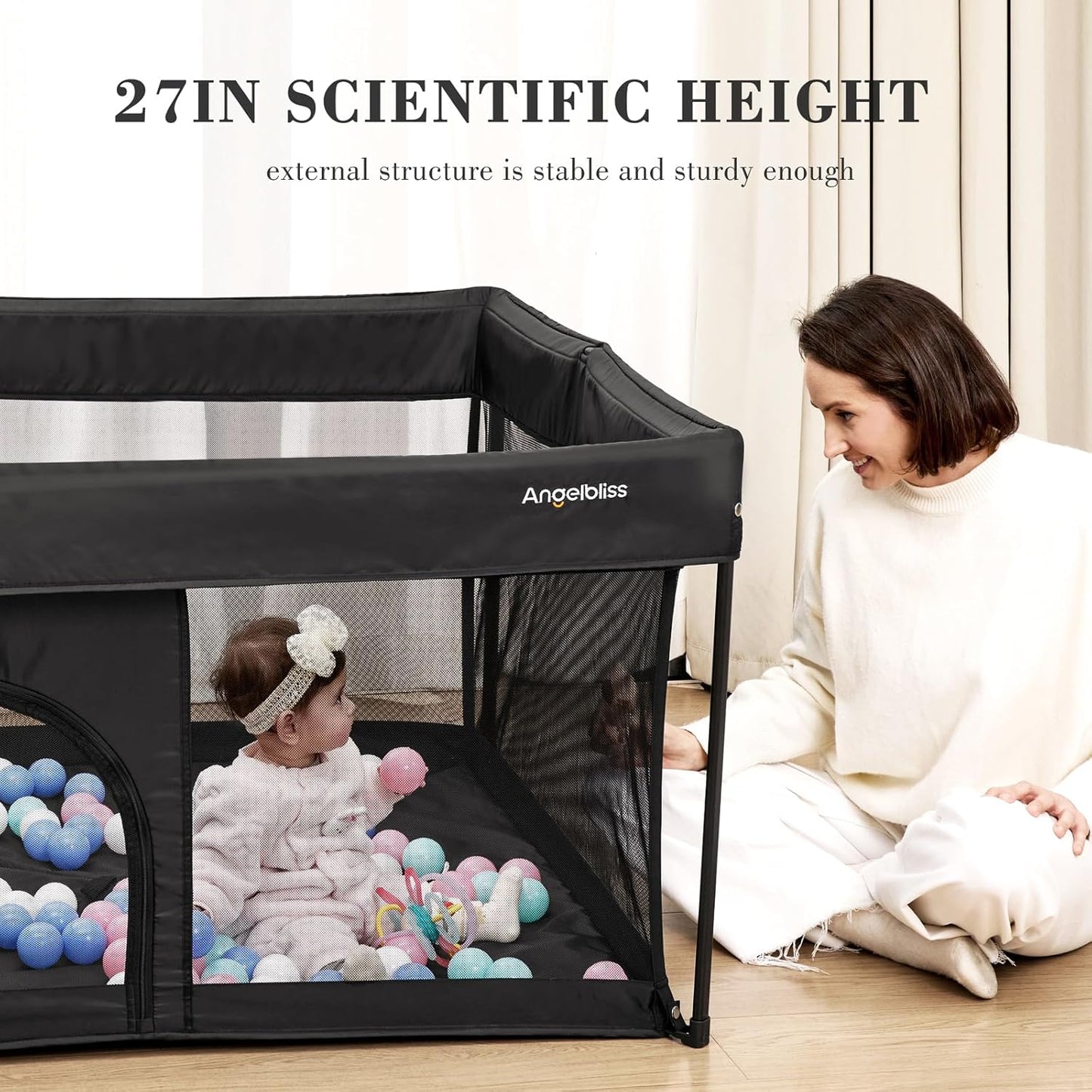 ANGELBLISS 50x50 Foldable Baby Playpen with Carrying Bag & Safety Lock - ASTM F406 Certified Baby Fence for Indoor/Outdoor, Lightweight Portable Play Yard with Breathable Mesh (Black)