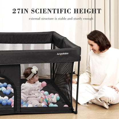 ANGELBLISS 50x50 Foldable Baby Playpen with Carrying Bag & Safety Lock - ASTM F406 Certified Baby Fence for Indoor/Outdoor, Lightweight Portable Play Yard with Breathable Mesh (Black)