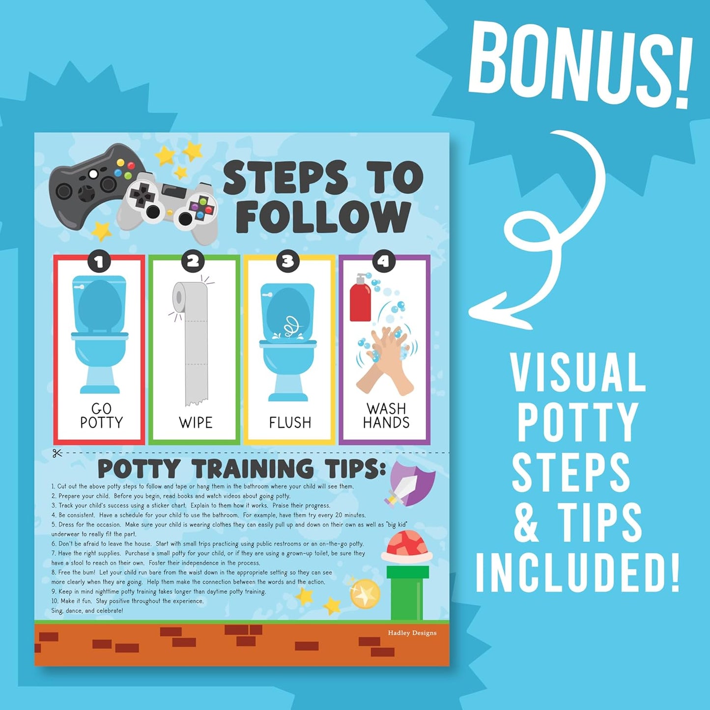 Hadley Designs Potty Training Chart for Toddlers Boys -10 Sticker Potty Chart for Toddlers Boys, 8.5x11" Potty Training Sticker Charts for Toilet Success, Monster Truck Toddler Reward Chart for Kids