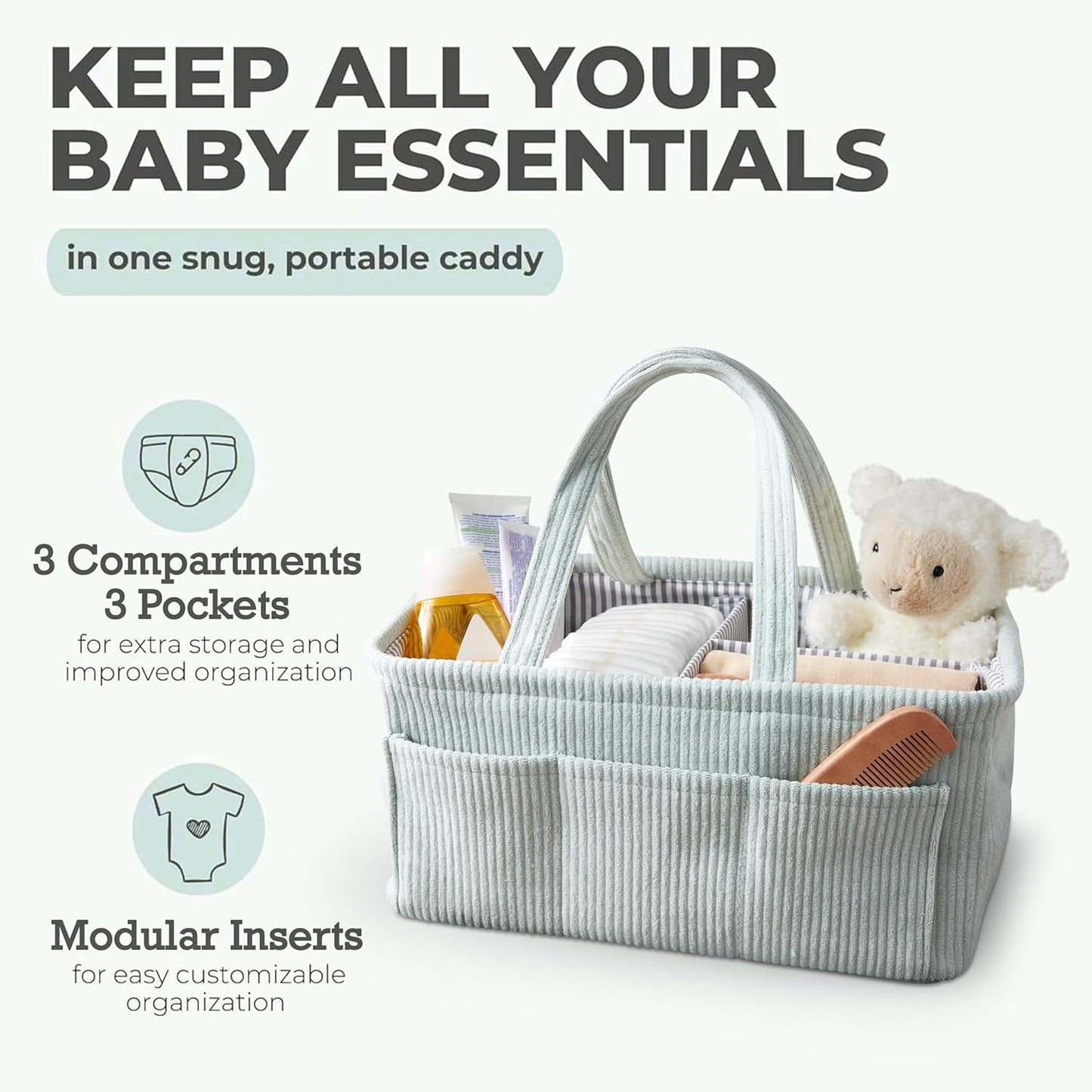 Diaper Caddy Organizer - Mint Curdoroy Baby Storage Bin for Nursery & Car | Baby Shower Basket & registry Essential