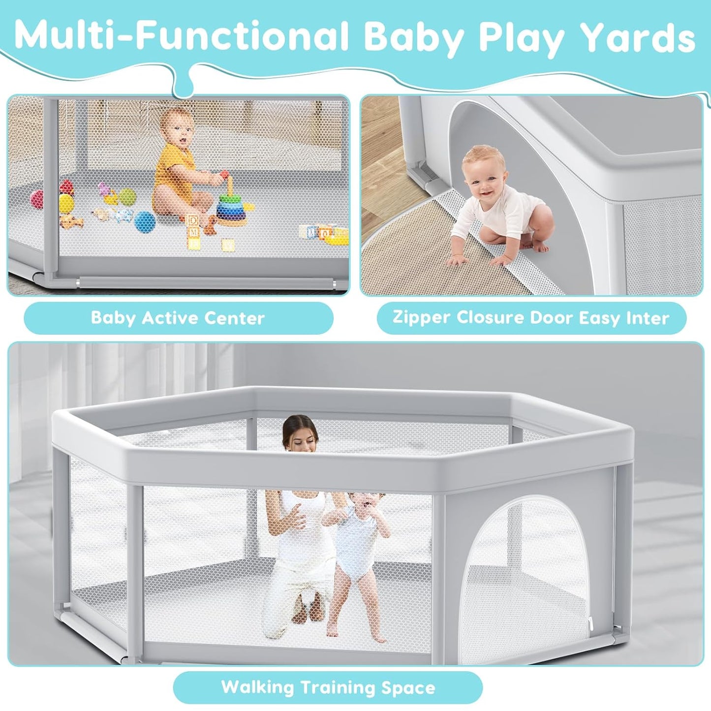 Fshibila 74" ×50" Large Baby Playpen, Baby Playard for Babies and Toddlers, Baby Fence Play Pens for Indoor & Outdoor, Sturdy Safety Play Yard with Soft Breathable Mesh, Anti-Fall, Grey