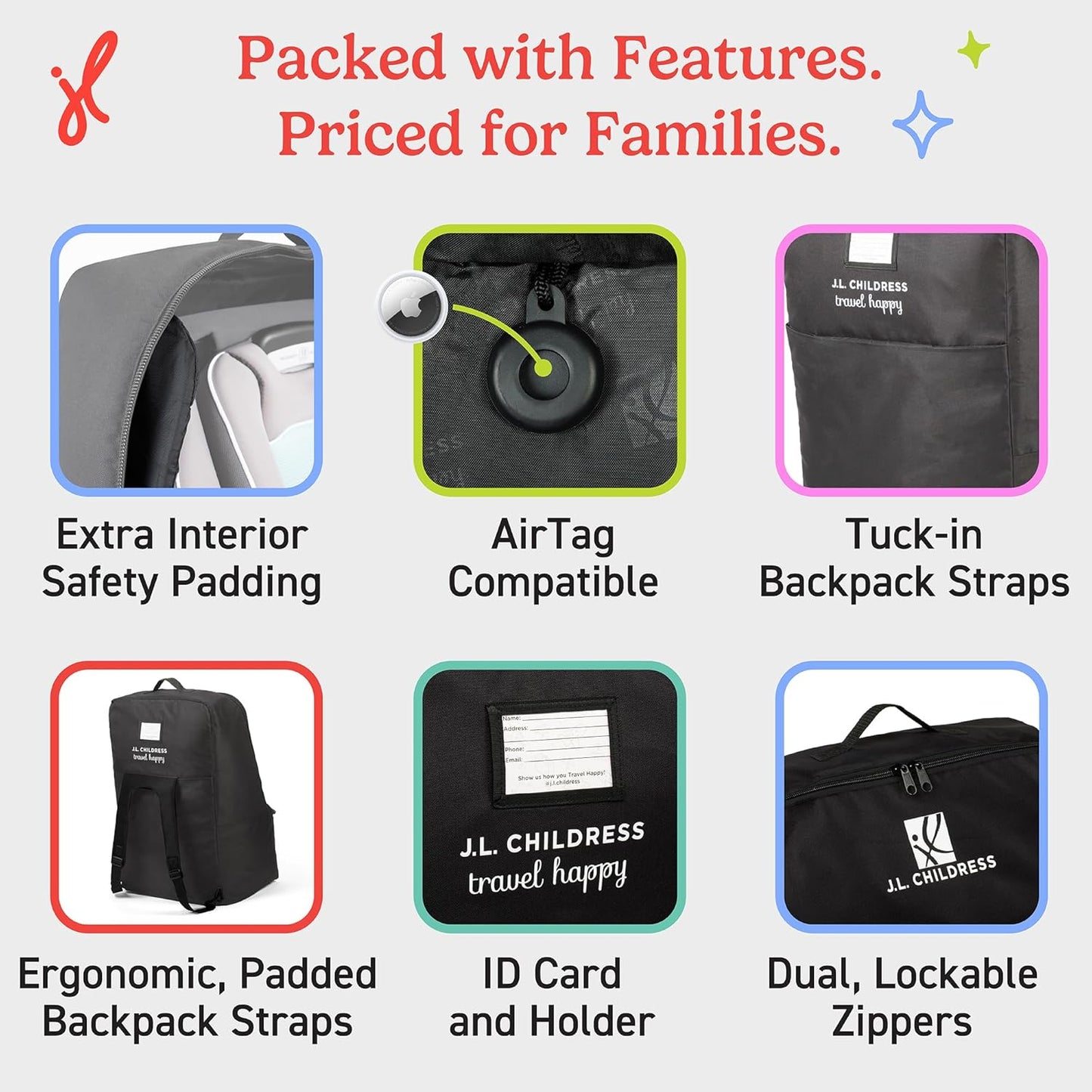 J.L. Childress Padded Backpack Car Seat Bag - Car Seat Travel Bag for Airplane, Cover Fits Most Baby & Infant Carriers & Boosters, Airport Accessories for Gate Check or Baggage Check - Ultimate, Black