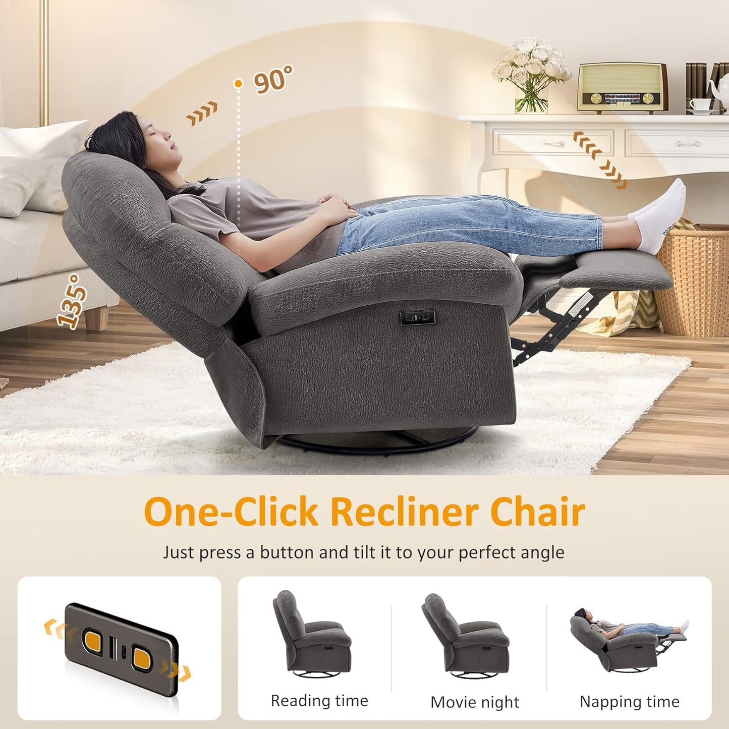 VANOMi Power Recliner Chair with USB & Type-C Charging, 270° Swivel Glider Rocker, Electric Nursery Recliner for Living Room, Bedroom, and Office, White