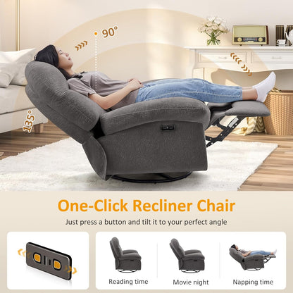 VANOMi Power Recliner Chair with USB & Type-C Charging, 270° Swivel Glider Rocker, Electric Nursery Recliner for Living Room, Bedroom, and Office, White