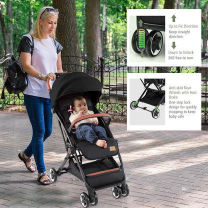 BABY JOY Lightweight Baby Stroller, Compact Toddler Travel Stroller for Airplane, Infant Stroller w/ 5-Point Harness, Adjustable Backrest/Footrest/Canopy, Storage Basket, Easy One-Hand Fold, Beige