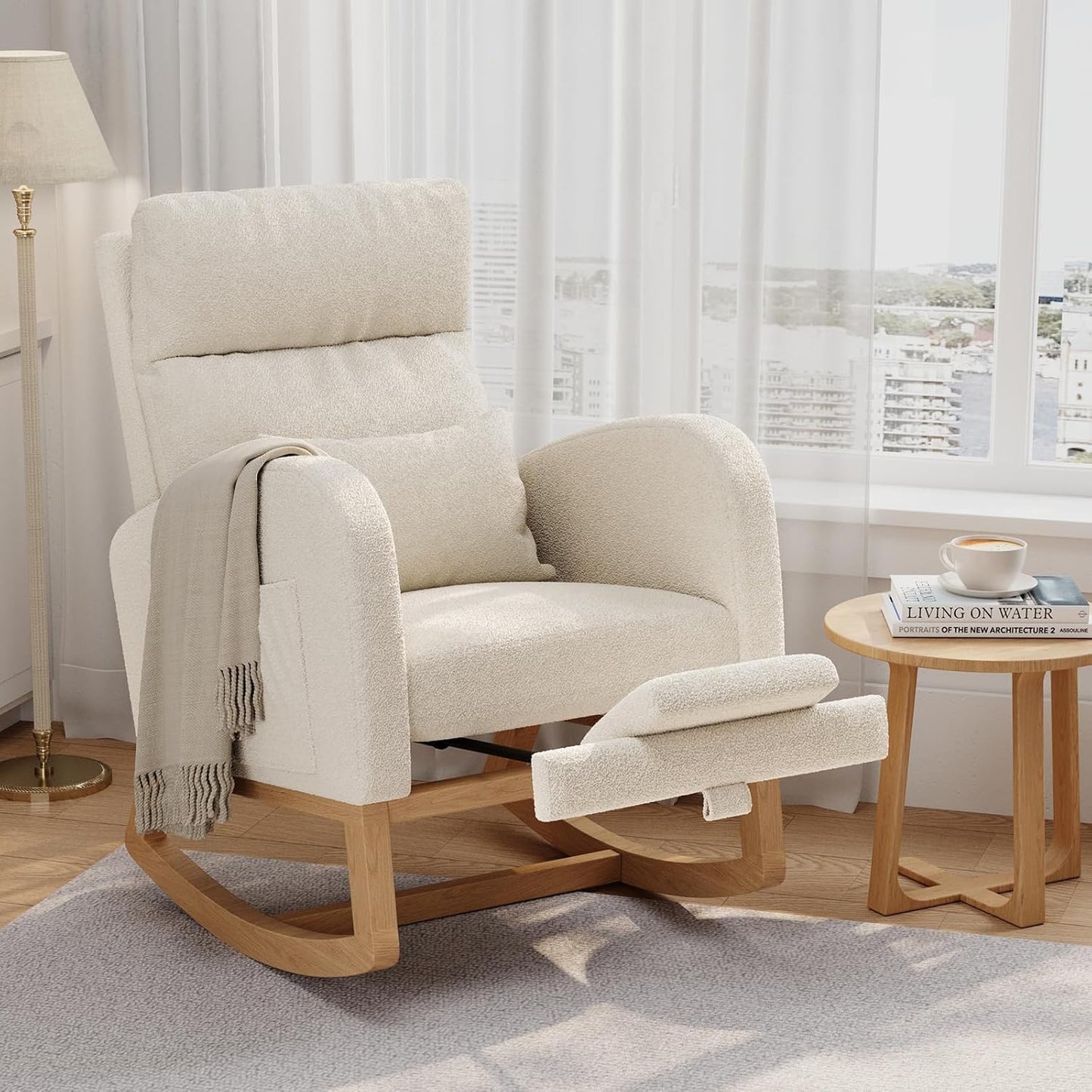 GarveeHome Teddy Fleece Rocking Chair, Modern Nursery Glider Chair with Side Pockets and Pillow, Rocker Chair for Living Room Bedroom Nursing Room, Pink