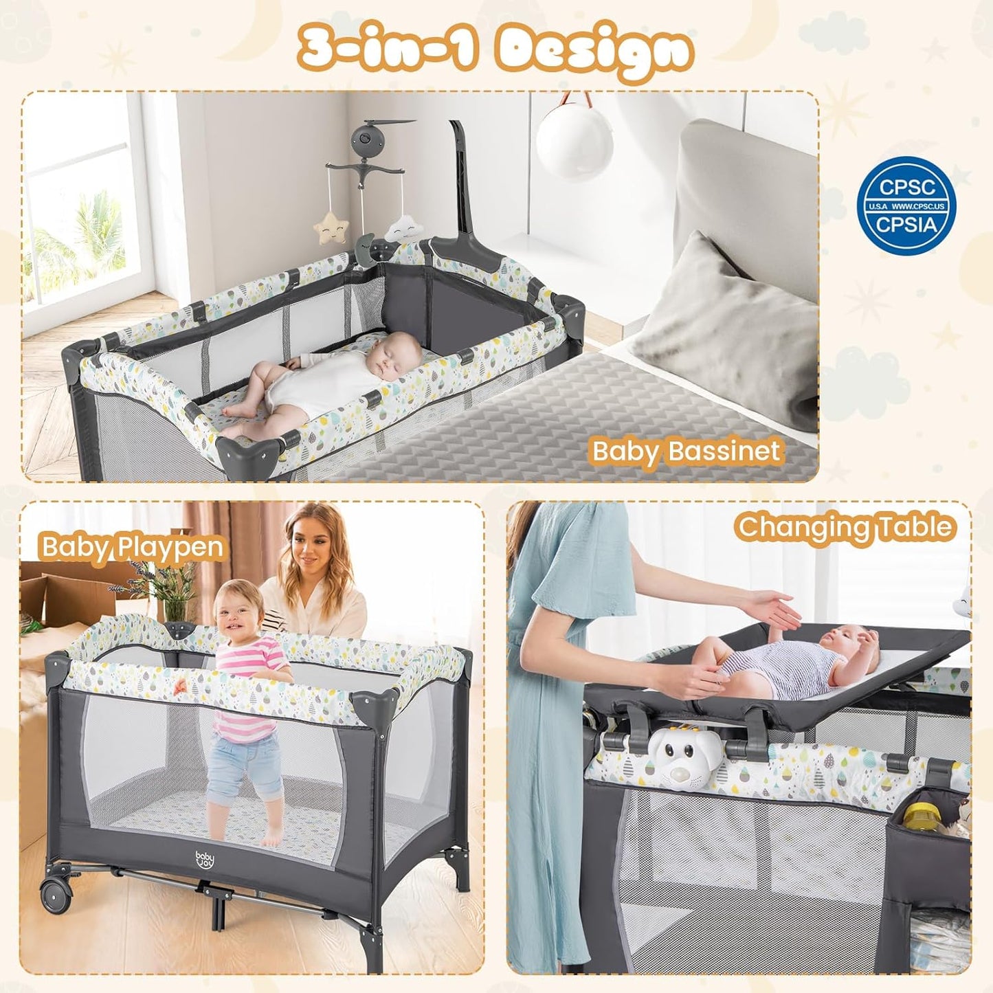 BABY JOY 3 in 1 Pack and Play, Portable Baby Playard with Bassinet, Changing Table, Lockable Wheels, Glowing Music Box, Travel Baby Crib Bassinet Bed from Newborn to Toddler
