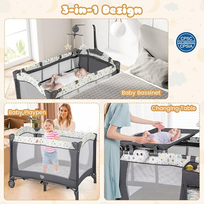 BABY JOY 3 in 1 Pack and Play, Portable Baby Playard with Bassinet, Changing Table, Lockable Wheels, Glowing Music Box, Travel Baby Crib Bassinet Bed from Newborn to Toddler