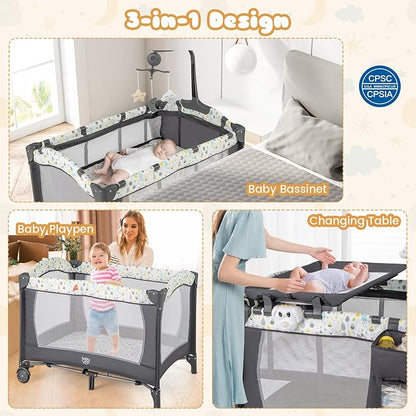 BABY JOY 3 in 1 Pack and Play, Portable Baby Playard with Bassinet, Changing Table, Lockable Wheels, Glowing Music Box, Travel Baby Crib Bassinet Bed from Newborn to Toddler