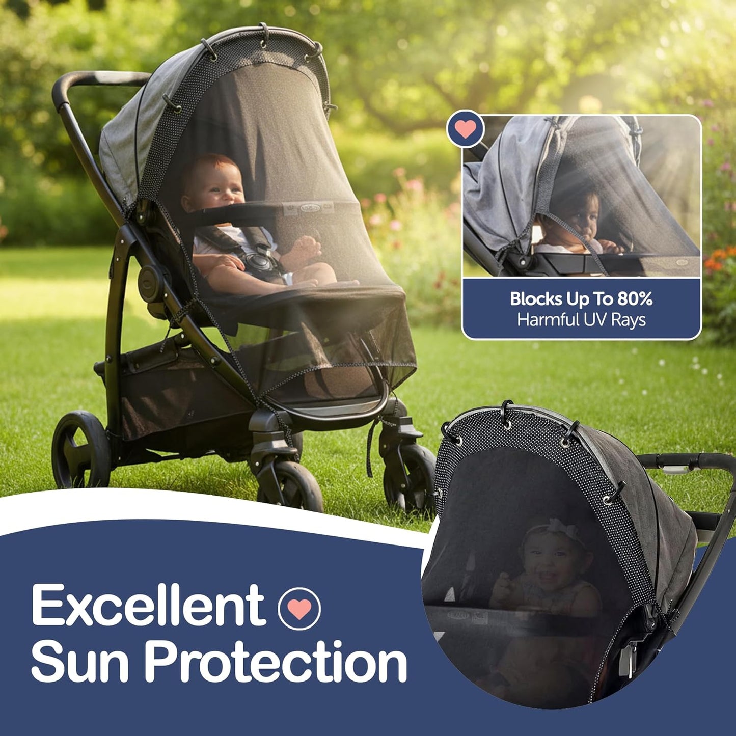 Stroller Sun Shade Extender – Universal Clip-On Baby Stroller Sun Shade Cover, UV Protection, Breathable See-Through Mesh, Adjustable Fit, Large Black