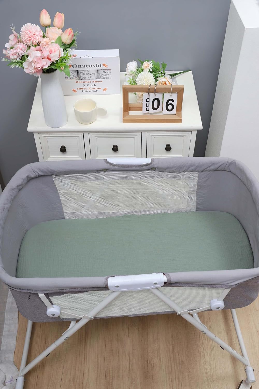 Onacosht Muslin Bassinet Sheets 3 Pack, 100% Cotton Baby Fitted Sheet 33" x 19" Compatible with Mika Micky, KoolaBaby (3 in 1), BabyBond, HARPPA and RICUTON Bedside Bassinet, Green, Floral and Cactus